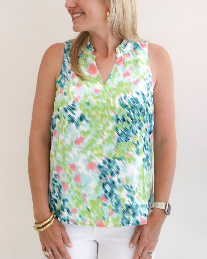 Front of a model wearing a size Large Monet Lilies Ruffle Neck in Multi in Multi by Jade. | dia_product_style_image_id:333510
